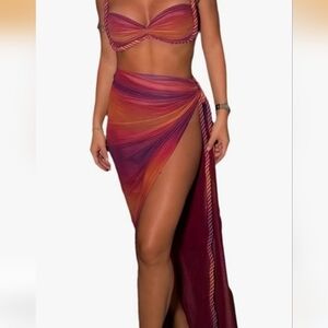 Two-Piece Bandeau Bikini Set with Draped Sarong - Sunset Gradient